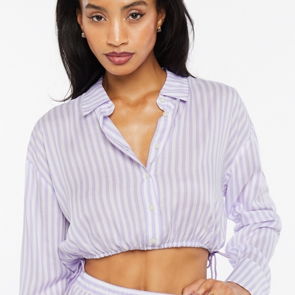 Savage X Fenty Coastal Striped Purple Woven Voile Button-Up Crop Top Large